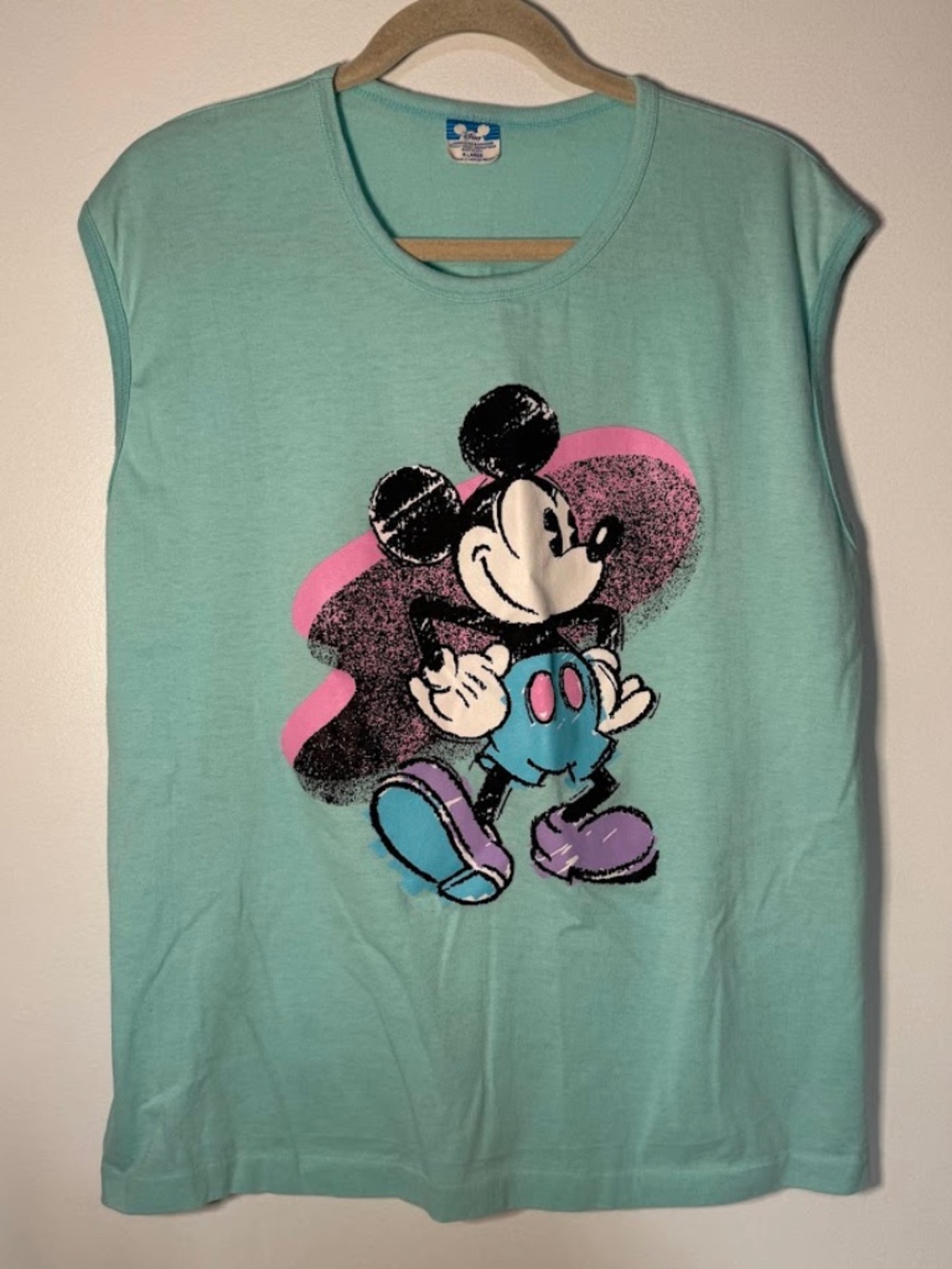 Vintage Disney Mickey Mouse Pastel Turquoise Pink Graphic Tank T-Shirt 90s